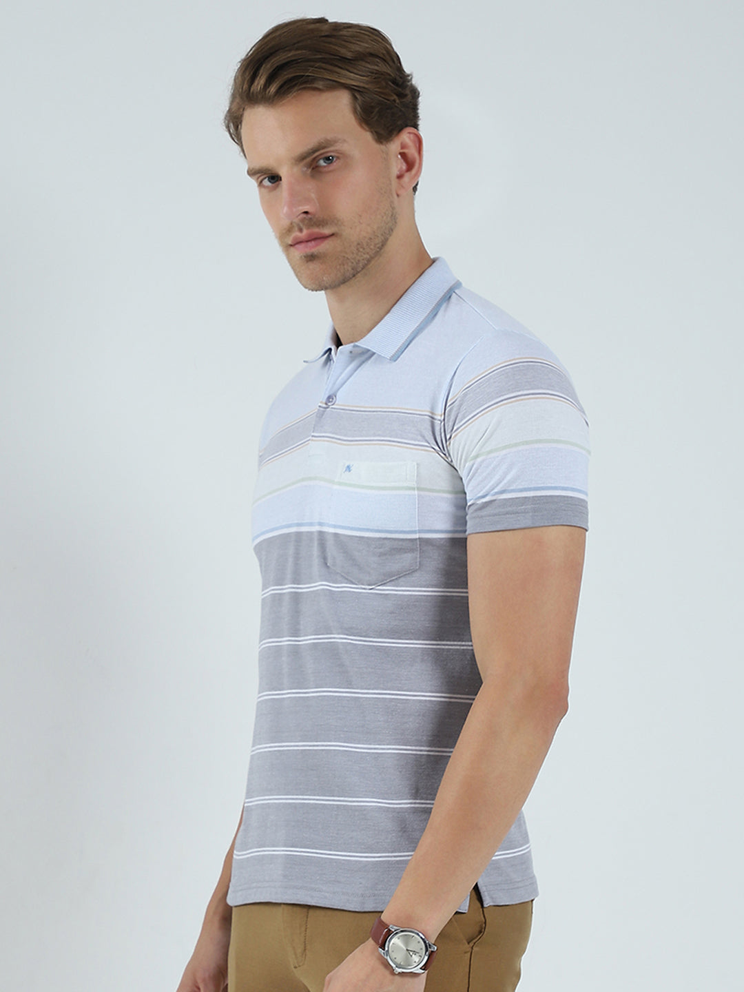 Men Blue Stripe Collar Half Sleeve T-Shirt