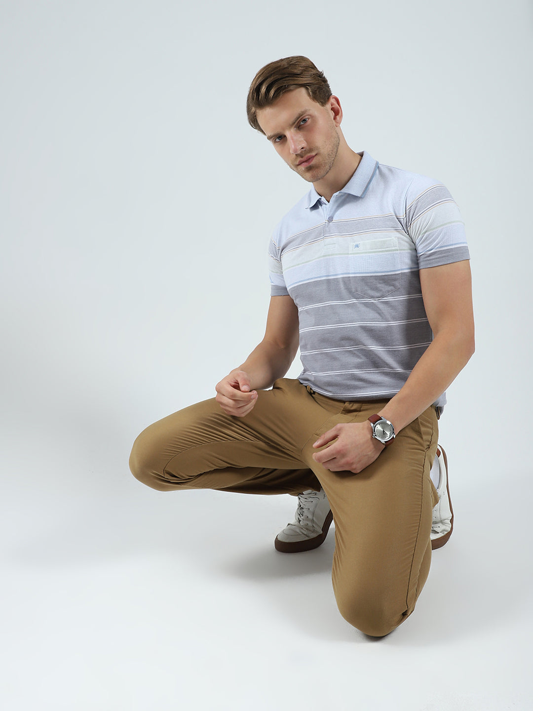 Men Blue Stripe Collar Half Sleeve T-Shirt