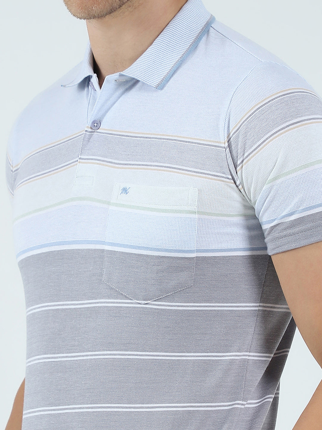 Men Blue Stripe Collar Half Sleeve T-Shirt