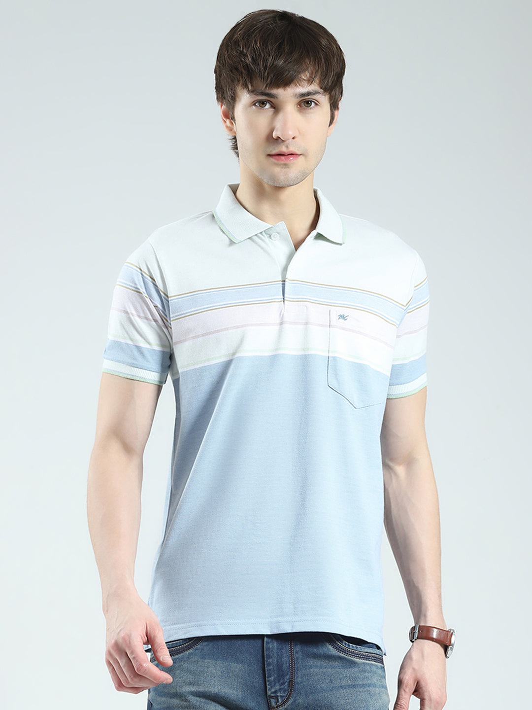 Men Blue Stripe Collar Half Sleeve T-Shirt