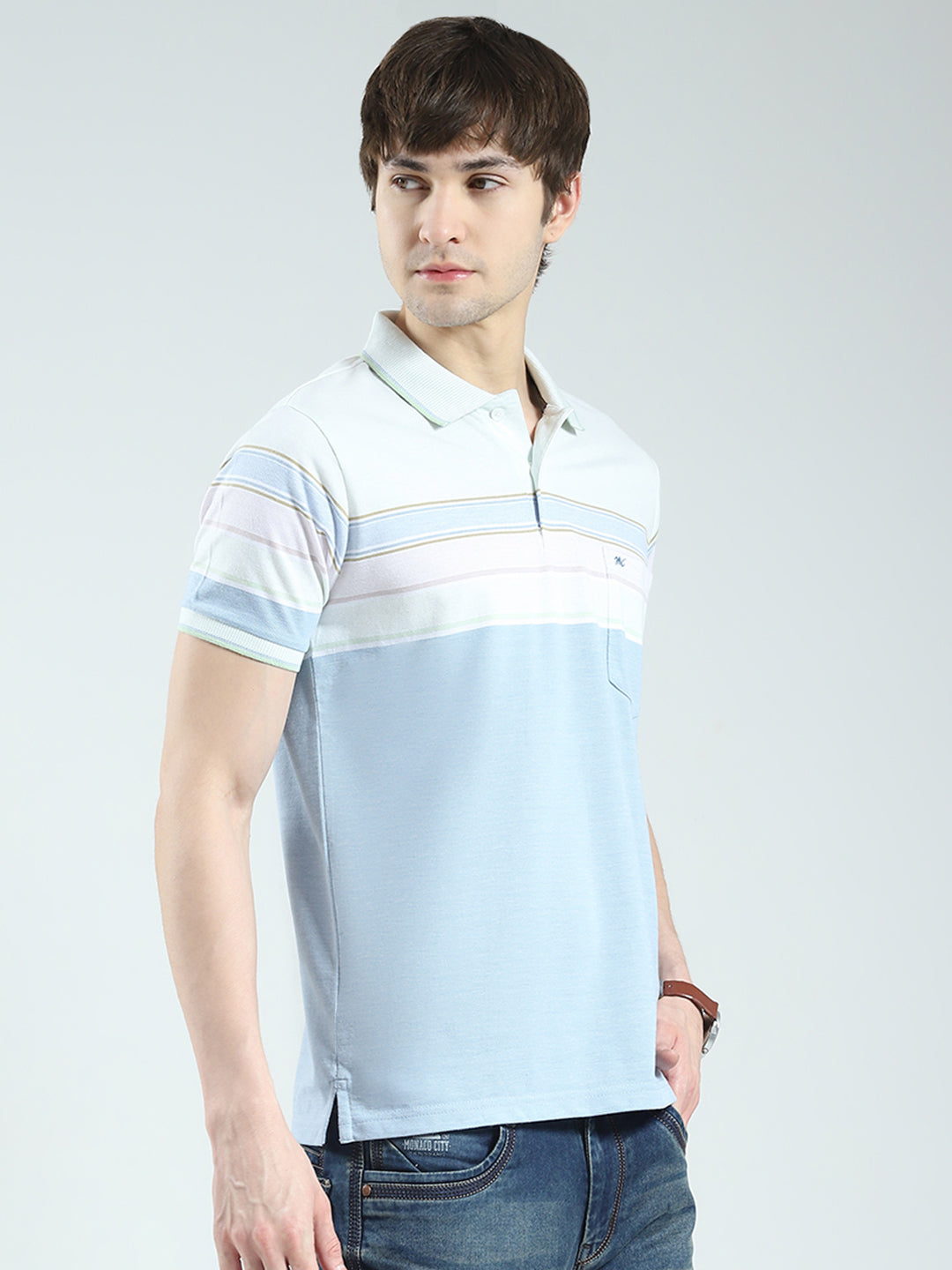 Men Blue Stripe Collar Half Sleeve T-Shirt