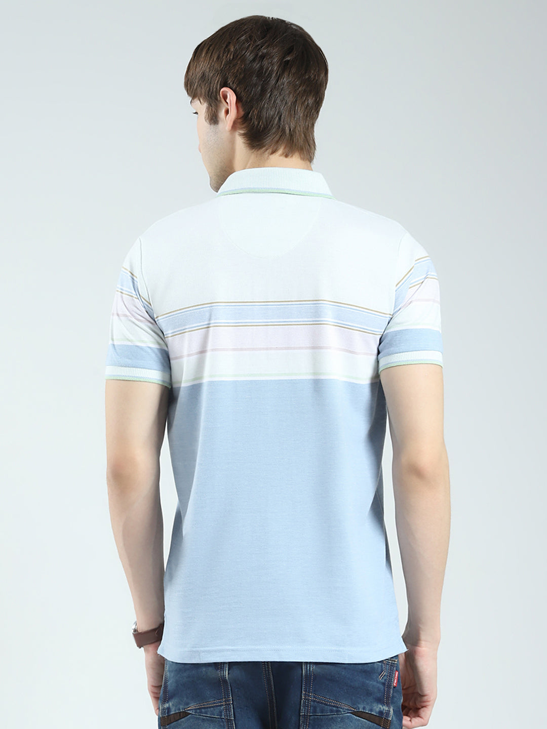 Men Blue Stripe Collar Half Sleeve T-Shirt