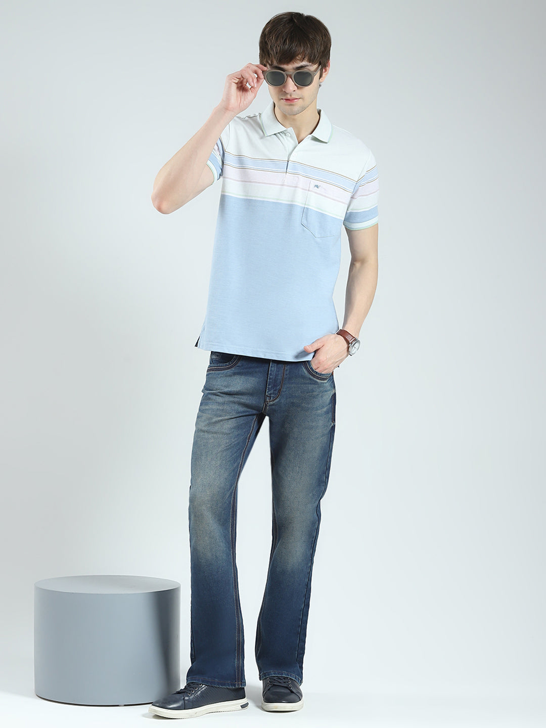 Men Blue Stripe Collar Half Sleeve T-Shirt