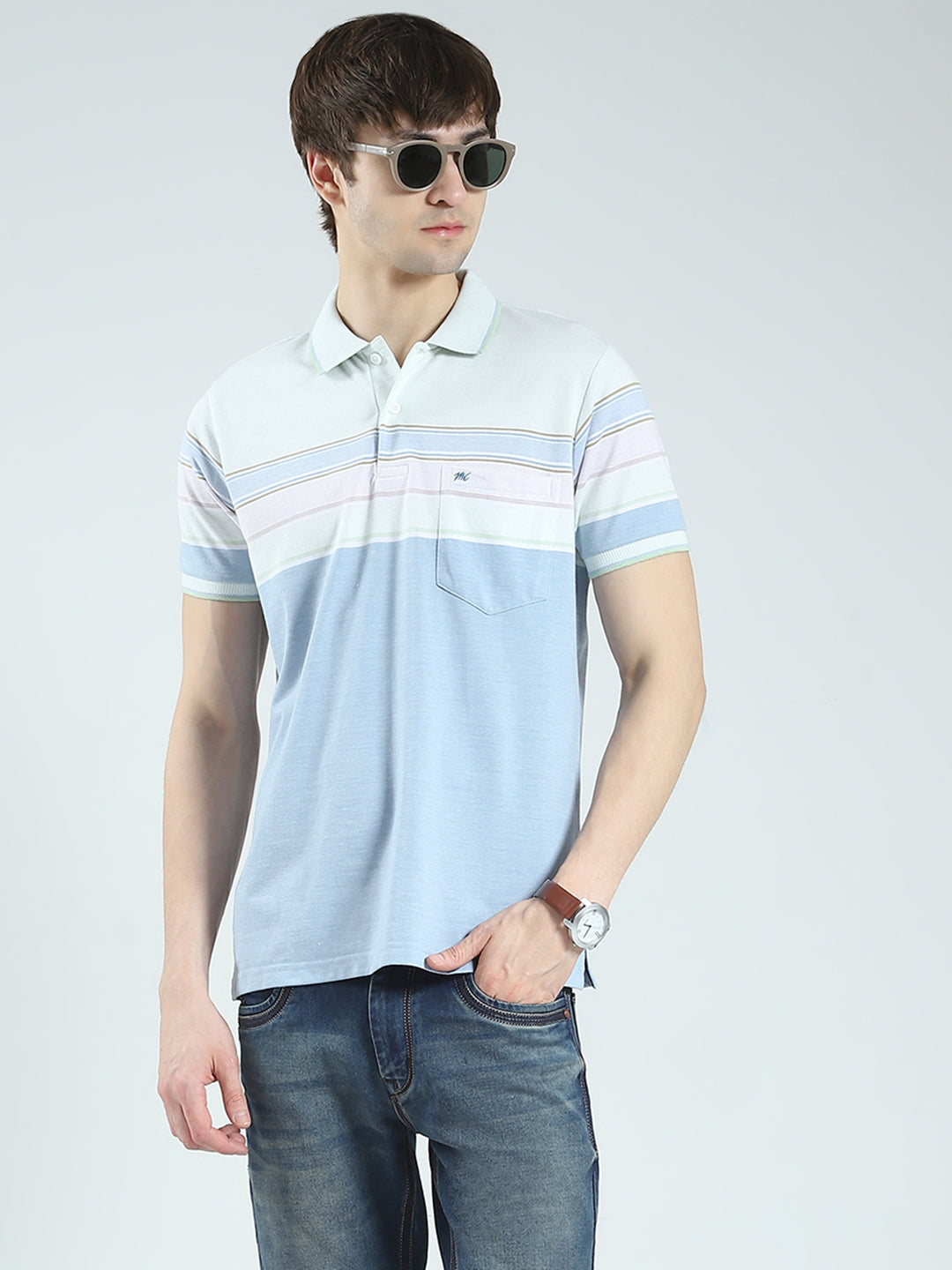 Men Blue Stripe Collar Half Sleeve T-Shirt