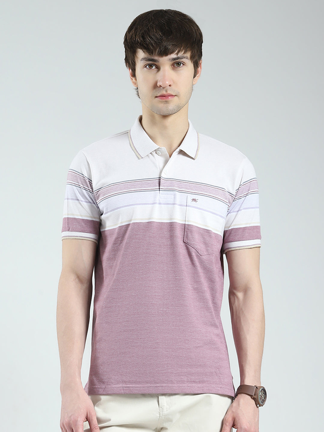 Men Purple Stripe Collar Half Sleeve T-Shirt