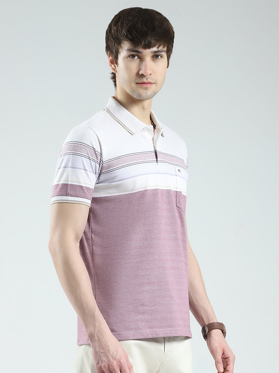 Men Purple Stripe Collar Half Sleeve T-Shirt