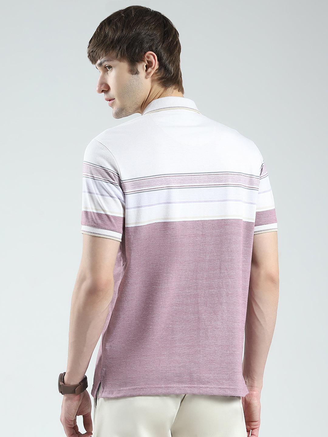 Men Purple Stripe Collar Half Sleeve T-Shirt