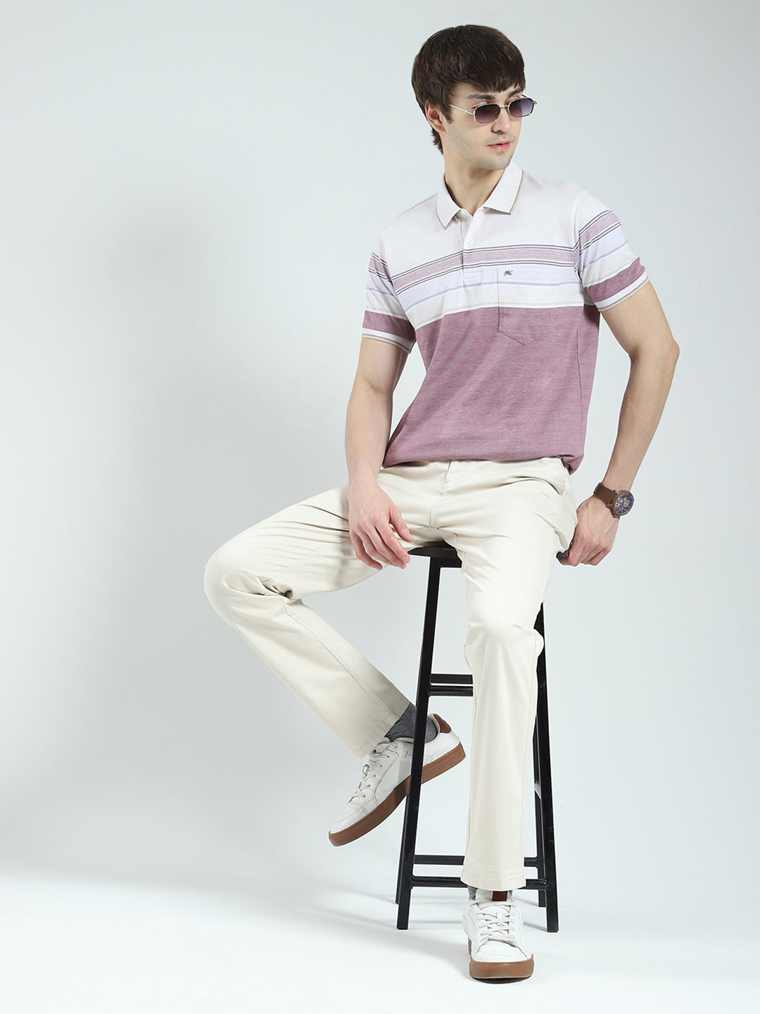 Men Purple Stripe Collar Half Sleeve T-Shirt