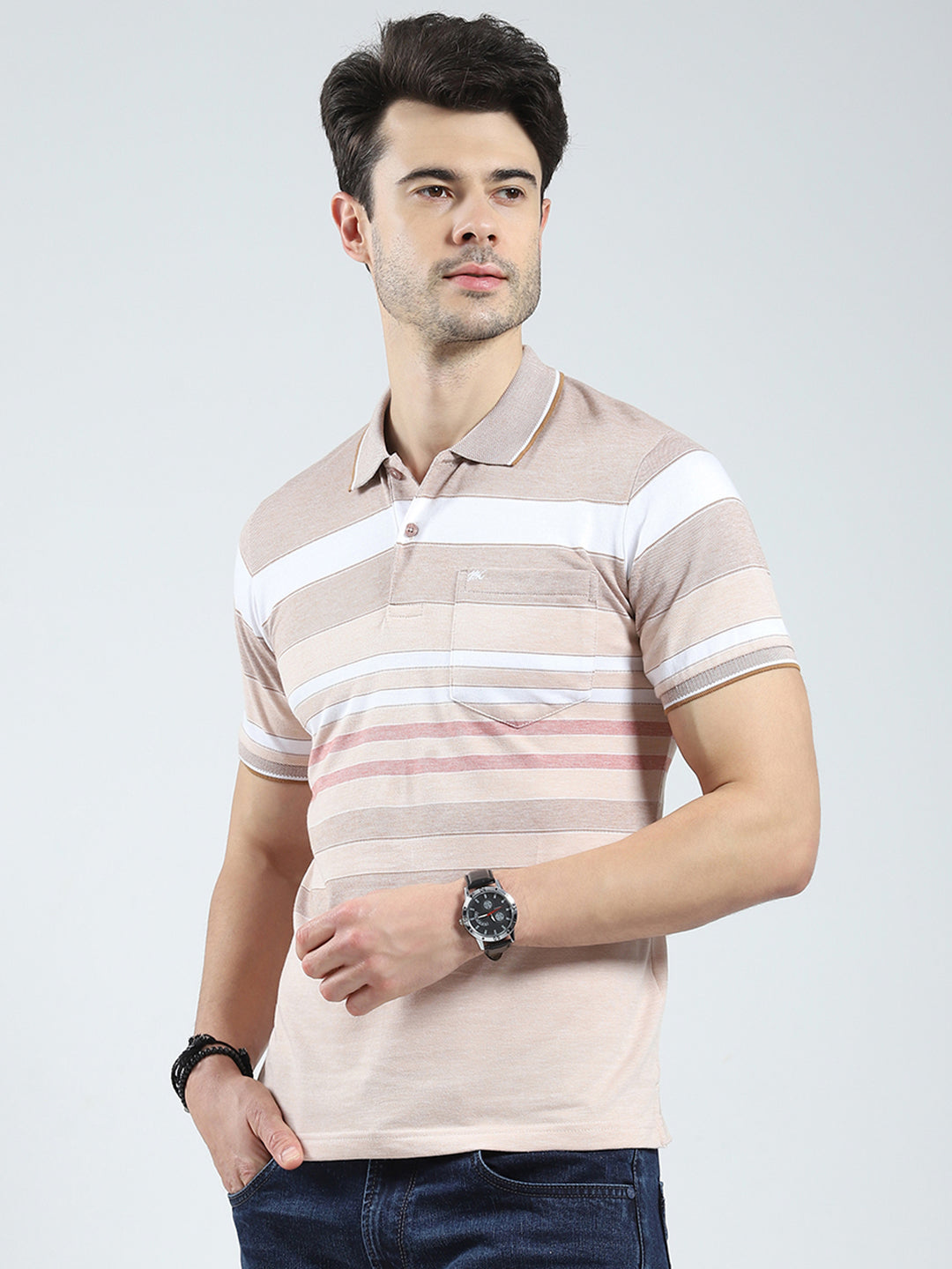 Men Beige Stripe Collar Half Sleeve T-Shirt