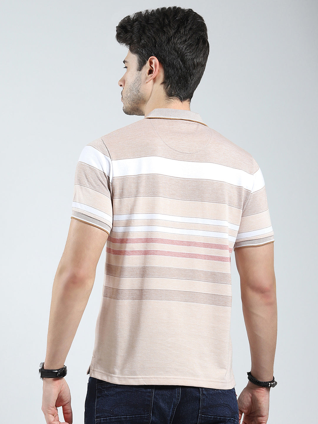 Men Beige Stripe Collar Half Sleeve T-Shirt