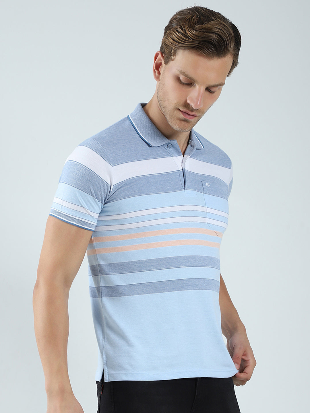 Men Blue Stripe Collar Half Sleeve T-Shirt