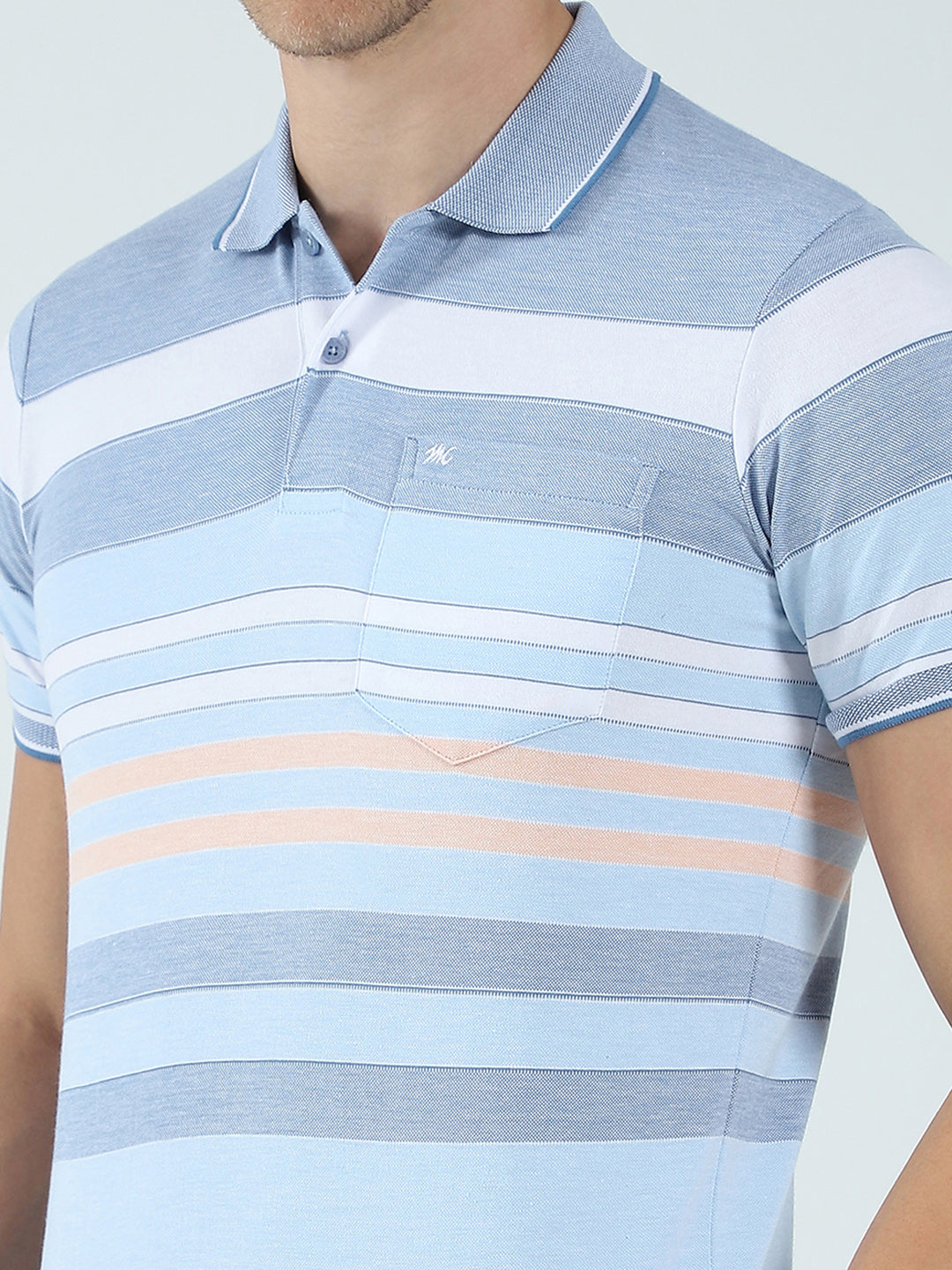 Men Blue Stripe Collar Half Sleeve T-Shirt