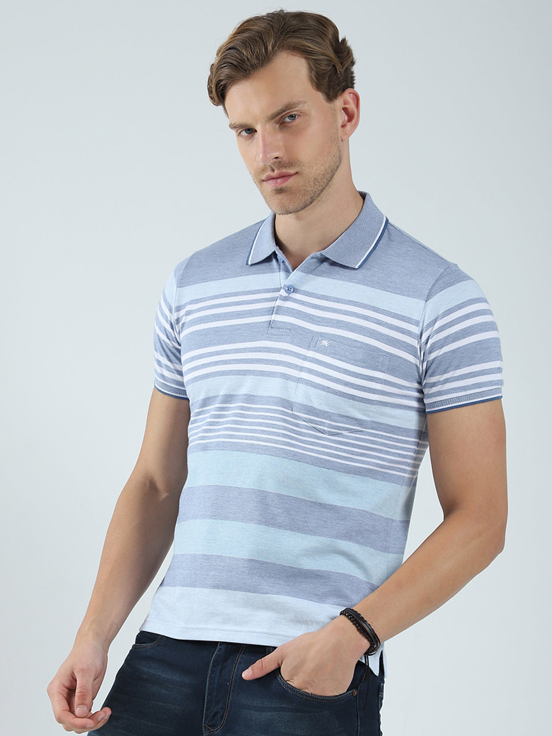 Men Blue Stripe Collar Half Sleeve T-Shirt