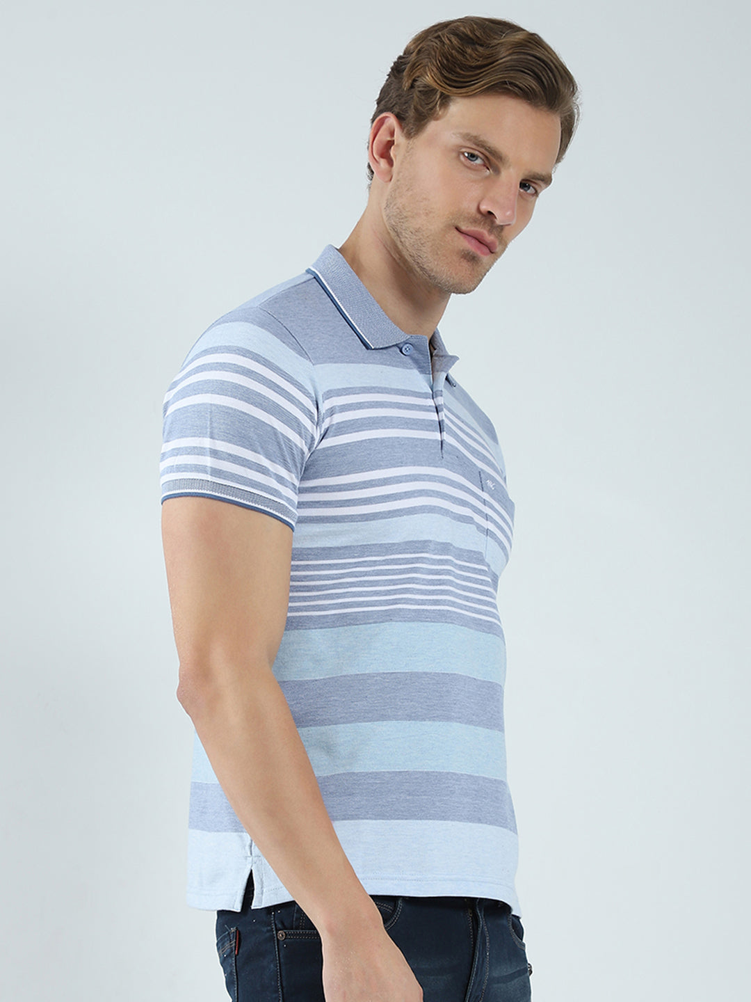 Men Blue Stripe Collar Half Sleeve T-Shirt