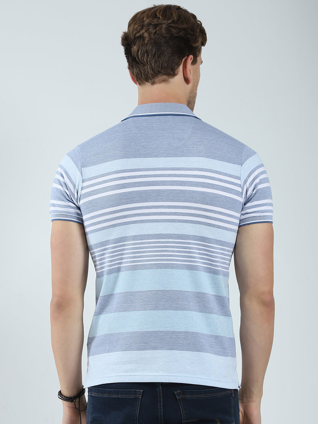 Men Blue Stripe Collar Half Sleeve T-Shirt