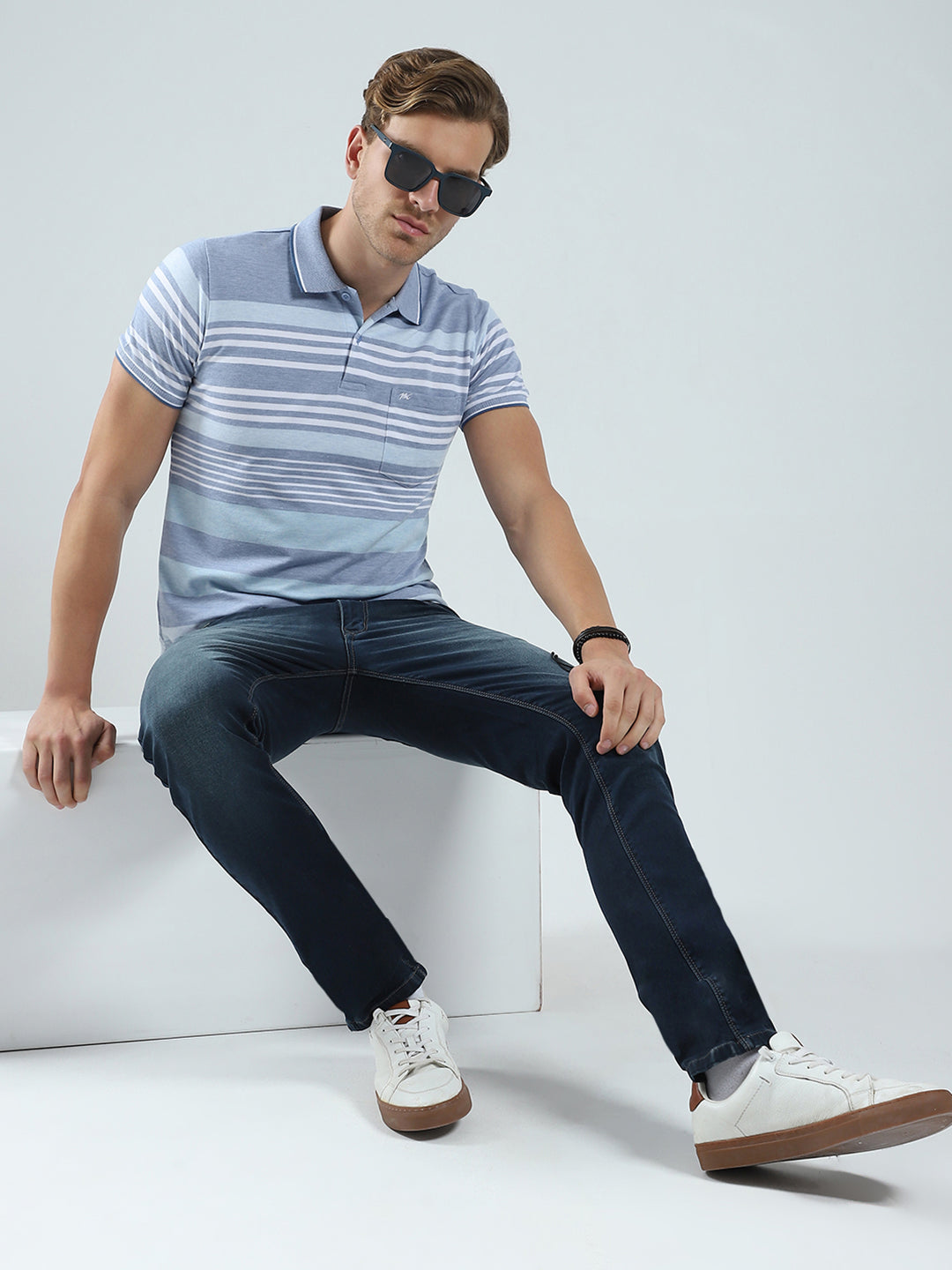 Men Blue Stripe Collar Half Sleeve T-Shirt