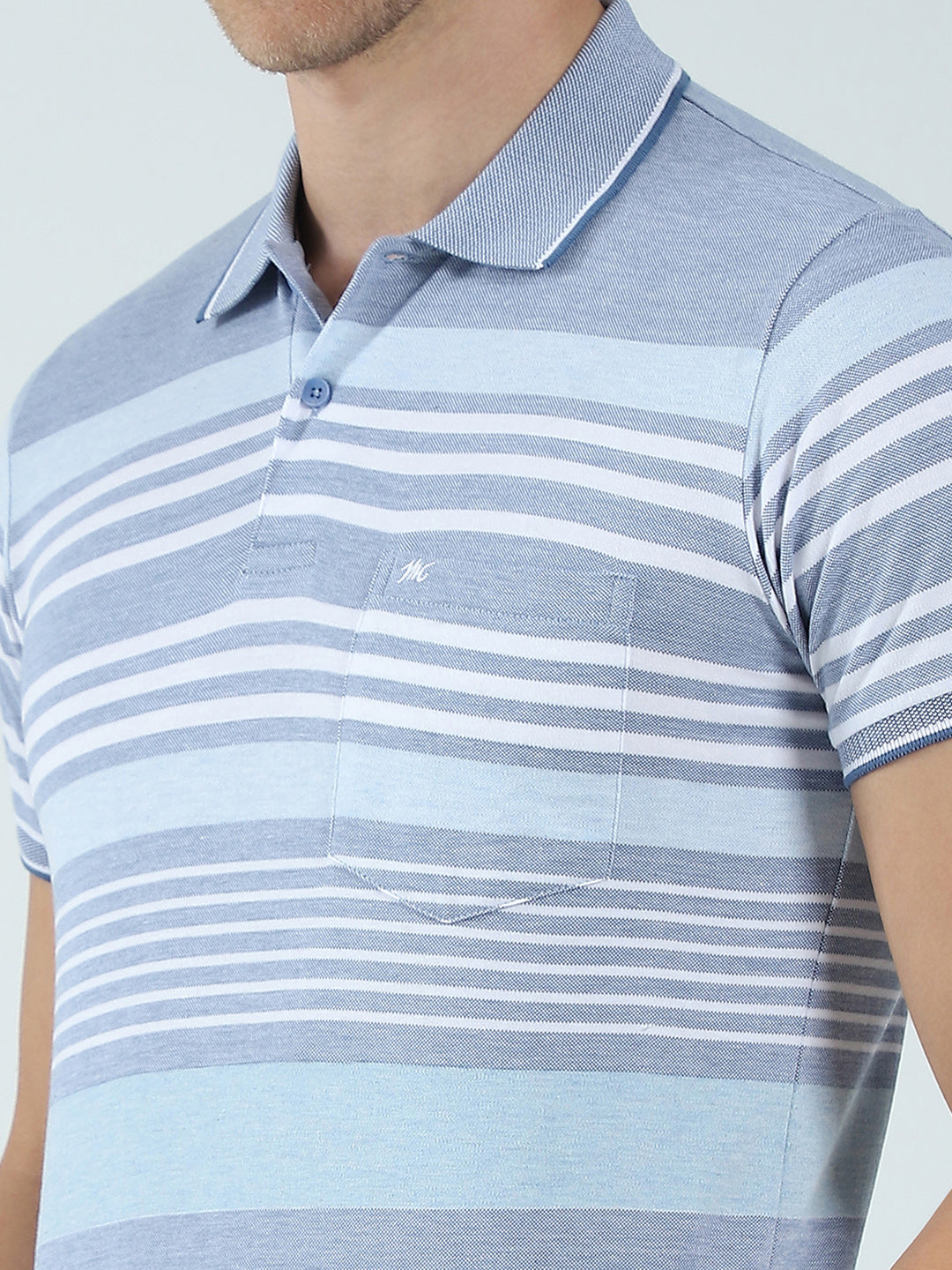 Men Blue Stripe Collar Half Sleeve T-Shirt