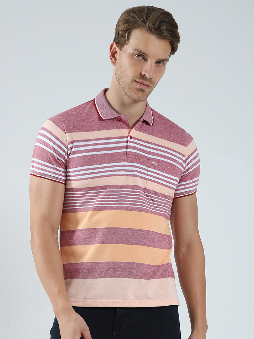 Men Maroon Stripe Collar Half Sleeve T-Shirt
