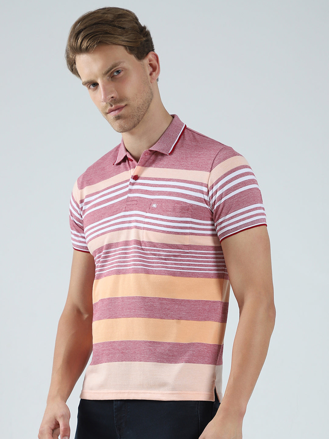 Men Maroon Stripe Collar Half Sleeve T-Shirt