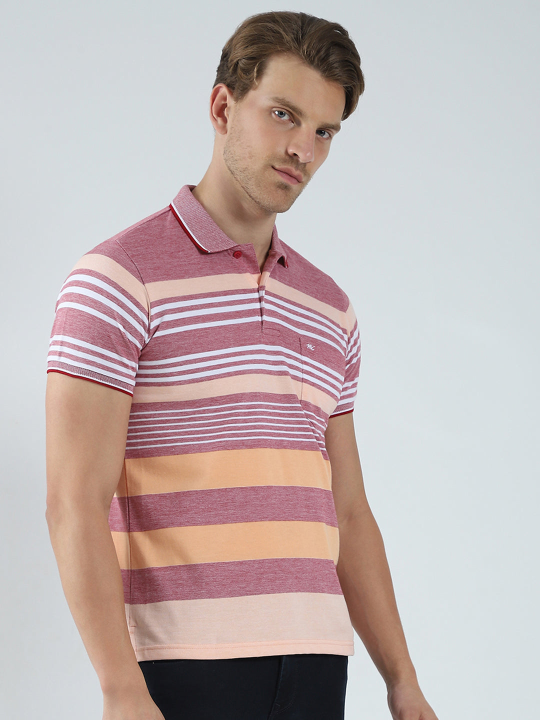Men Maroon Stripe Collar Half Sleeve T-Shirt