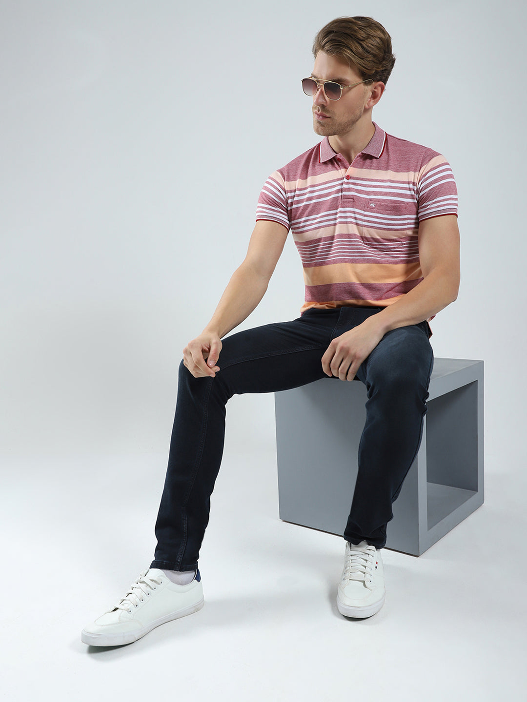 Men Maroon Stripe Collar Half Sleeve T-Shirt