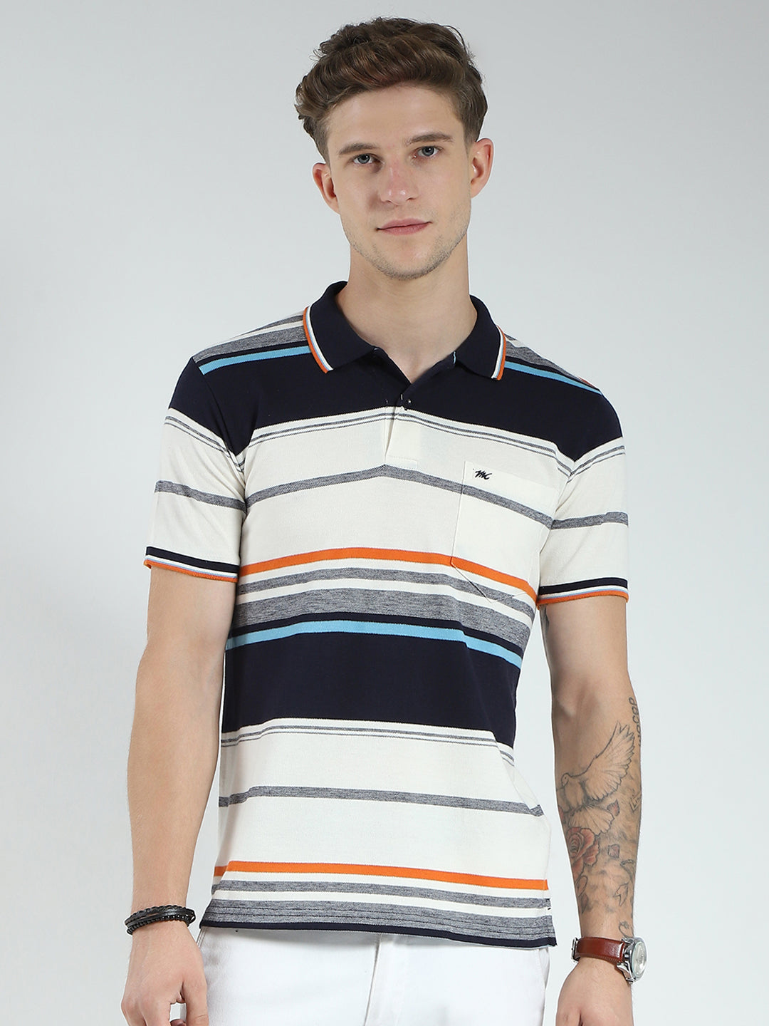 Men Navy Blue Stripe Collar Half Sleeve T-Shirt