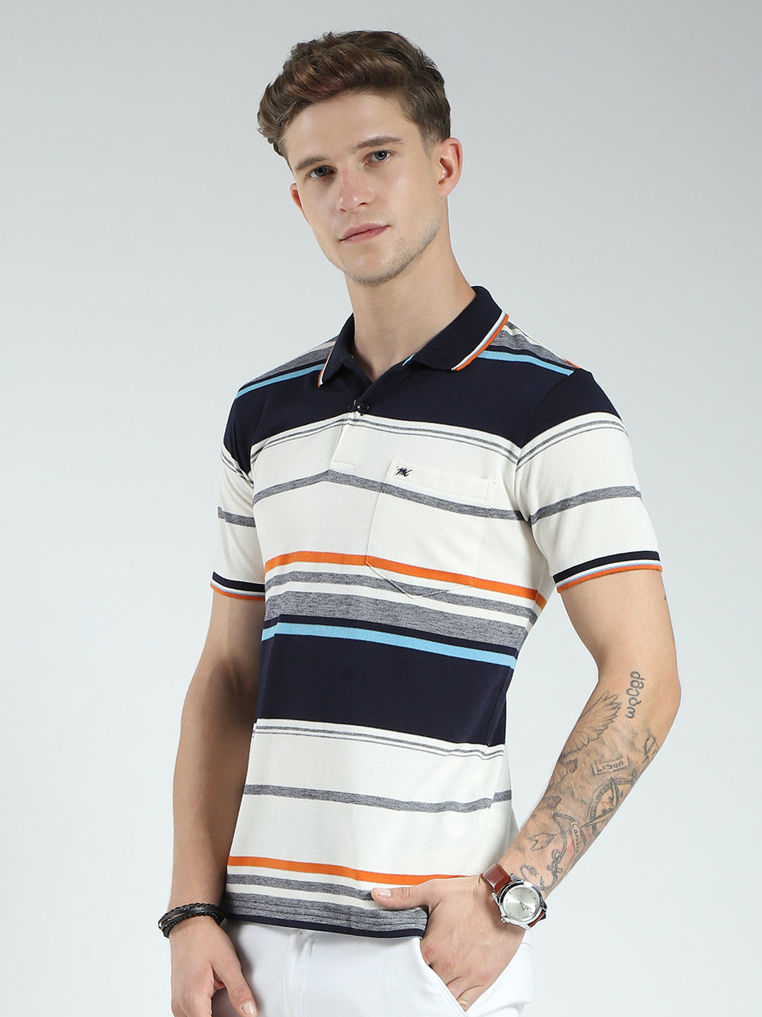Men Navy Blue Stripe Collar Half Sleeve T-Shirt