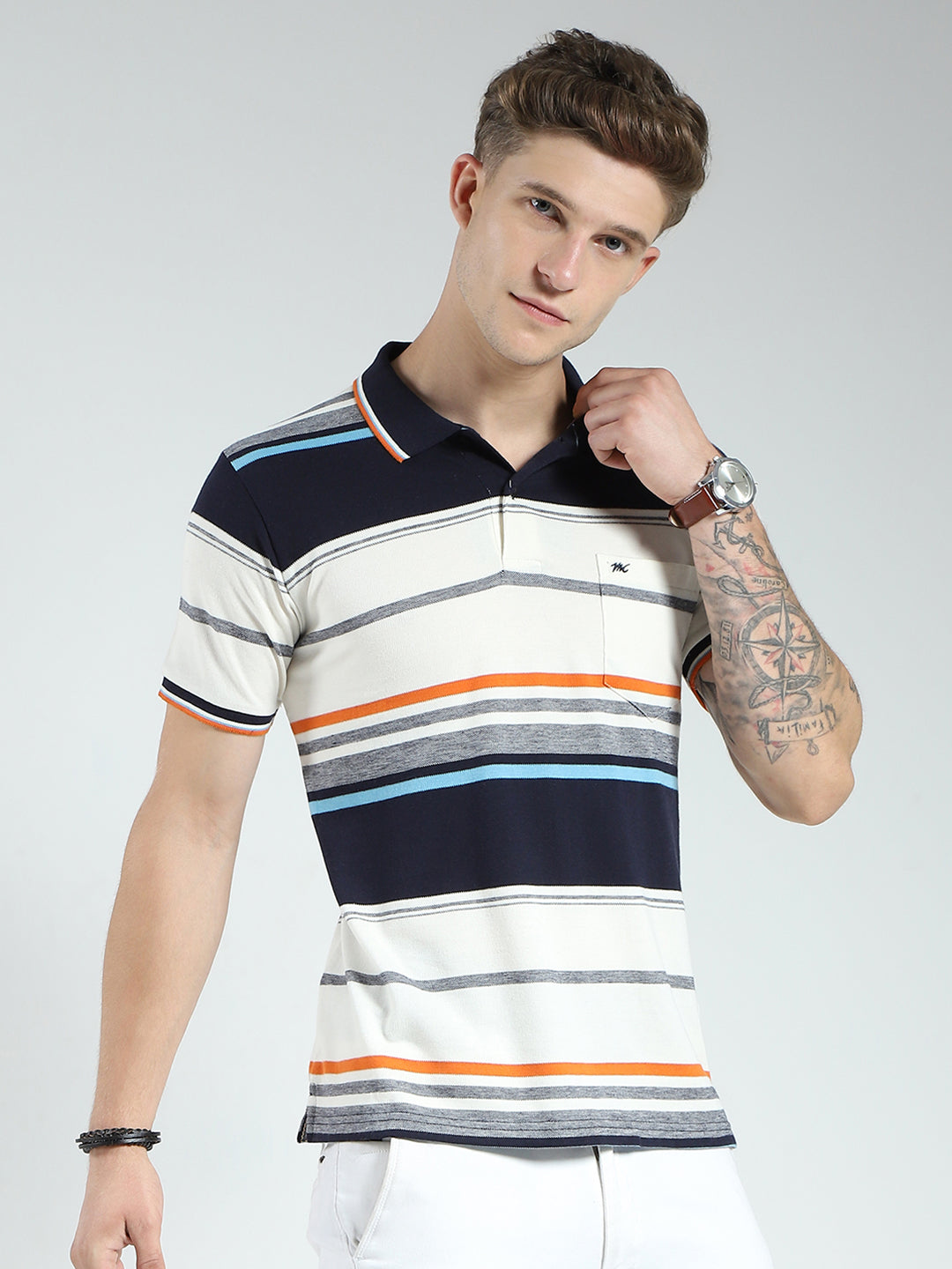 Men Navy Blue Stripe Collar Half Sleeve T-Shirt