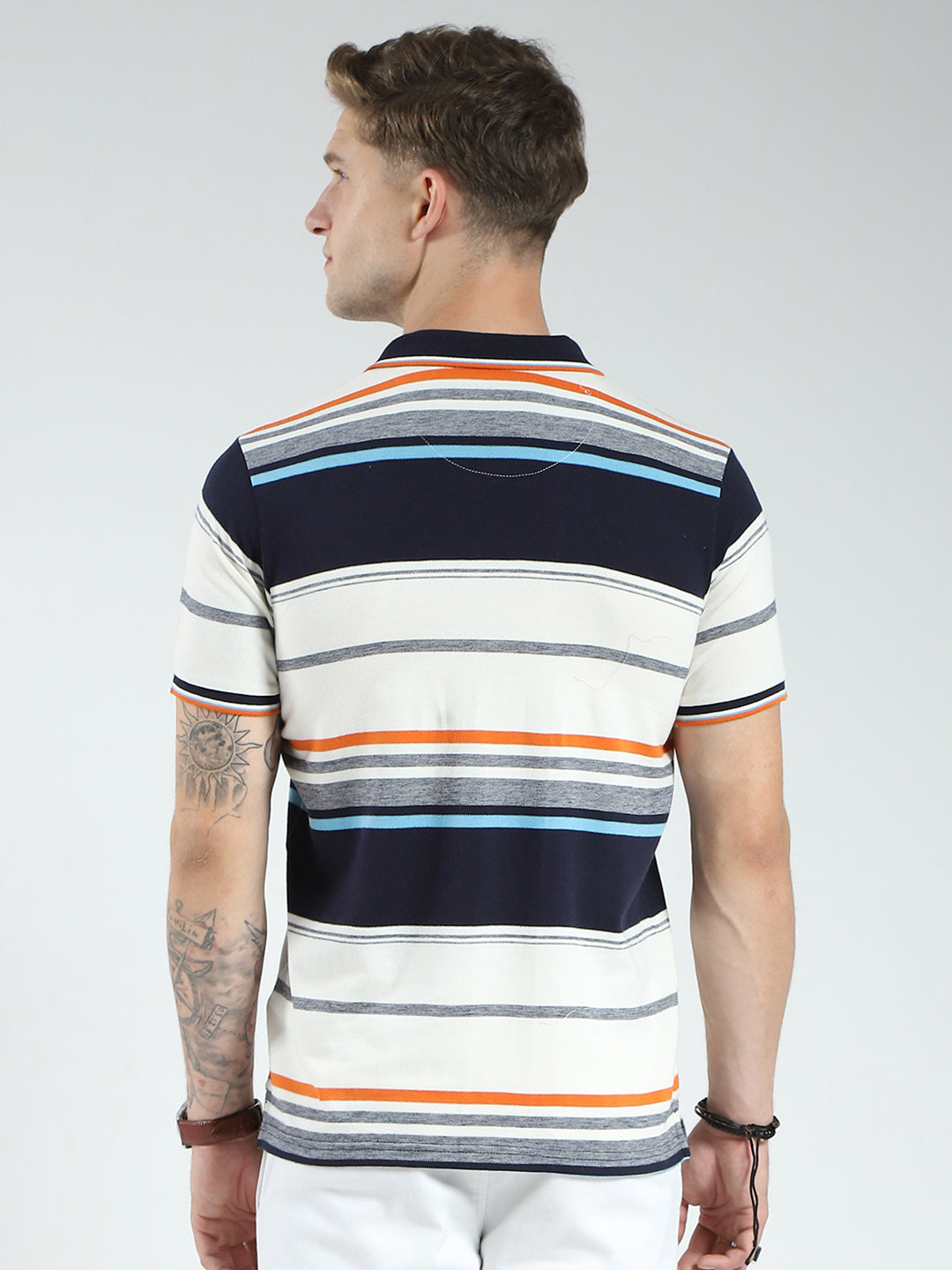 Men Navy Blue Stripe Collar Half Sleeve T-Shirt