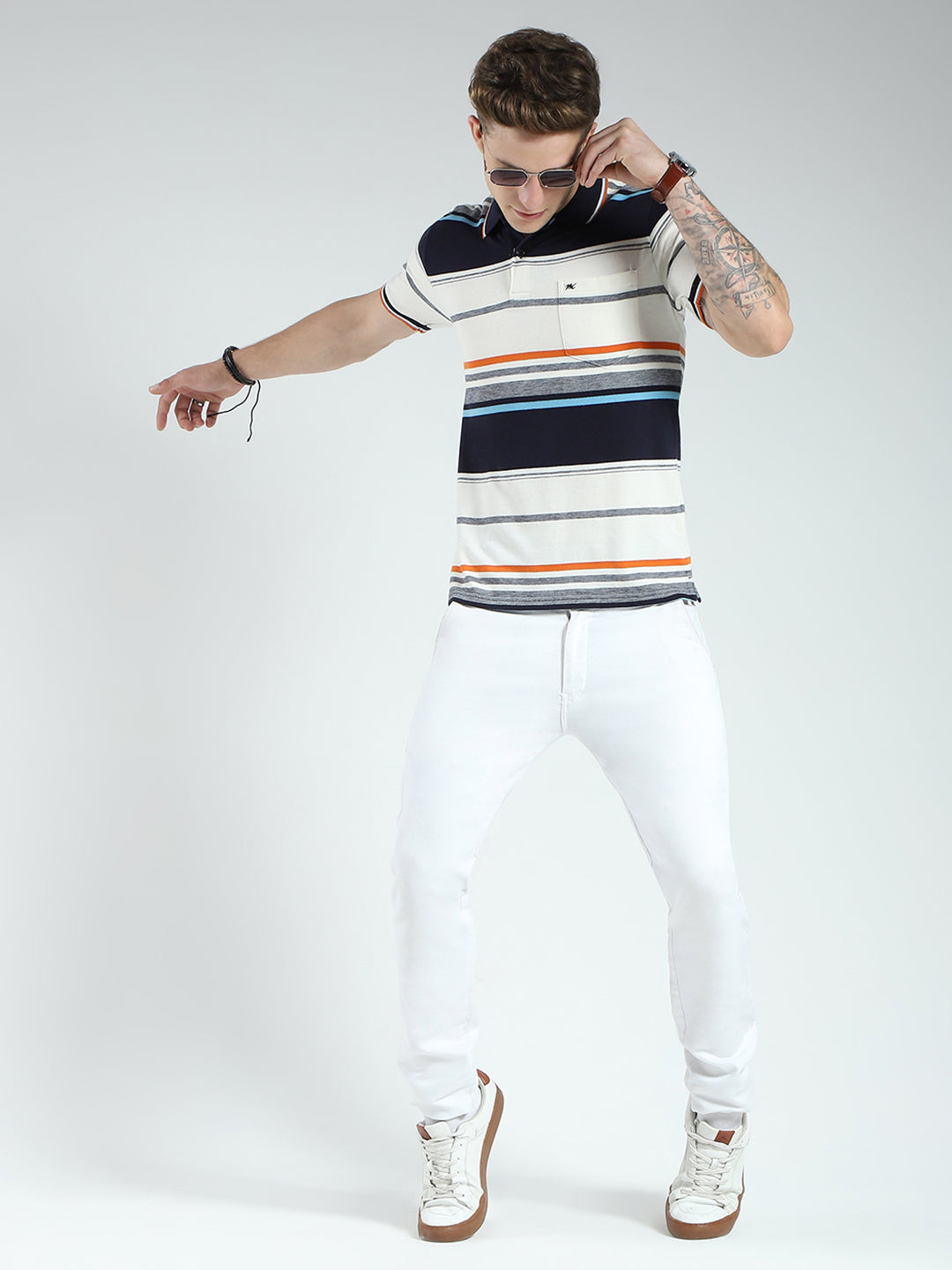 Men Navy Blue Stripe Collar Half Sleeve T-Shirt