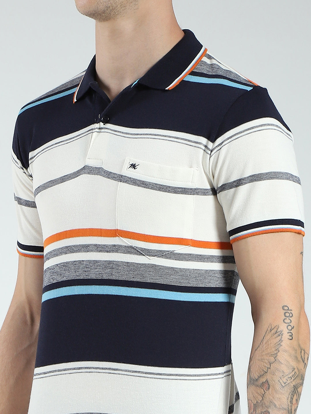 Men Navy Blue Stripe Collar Half Sleeve T-Shirt