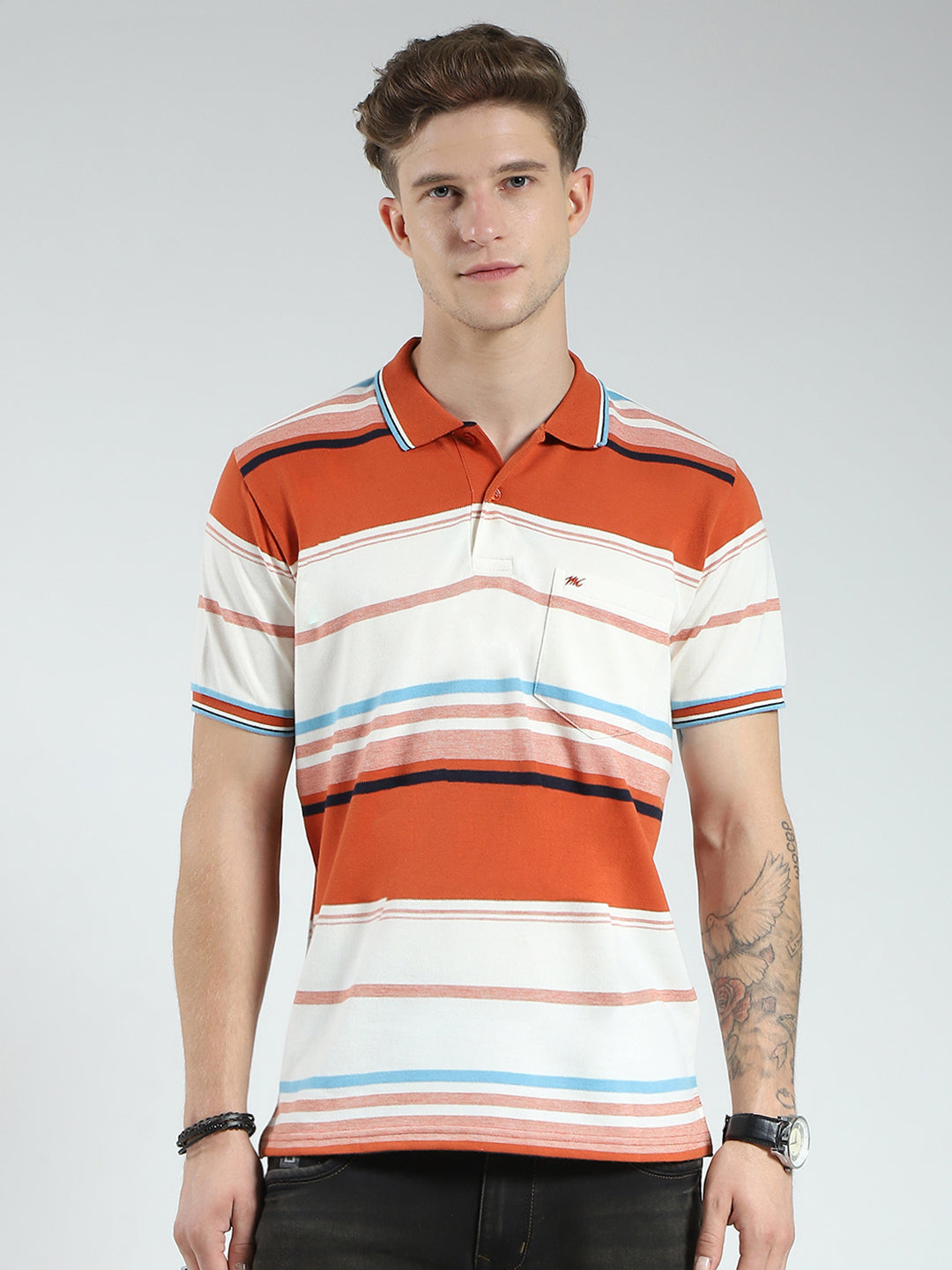 Men Rust Stripe Collar Half Sleeve T-Shirt