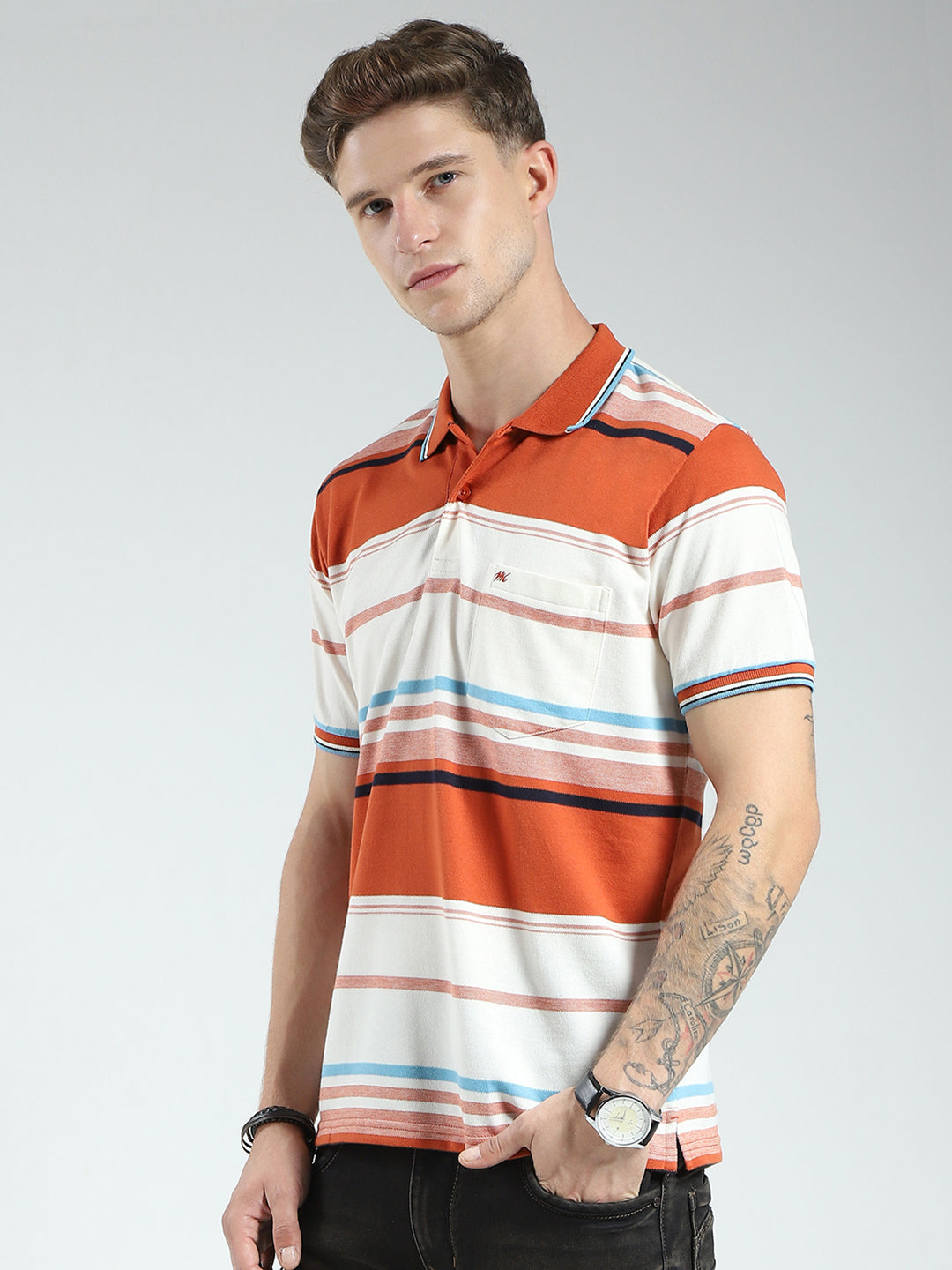 Men Rust Stripe Collar Half Sleeve T-Shirt