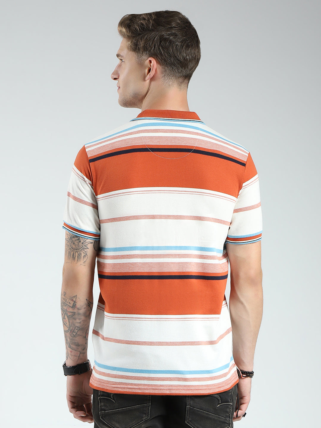 Men Rust Stripe Collar Half Sleeve T-Shirt