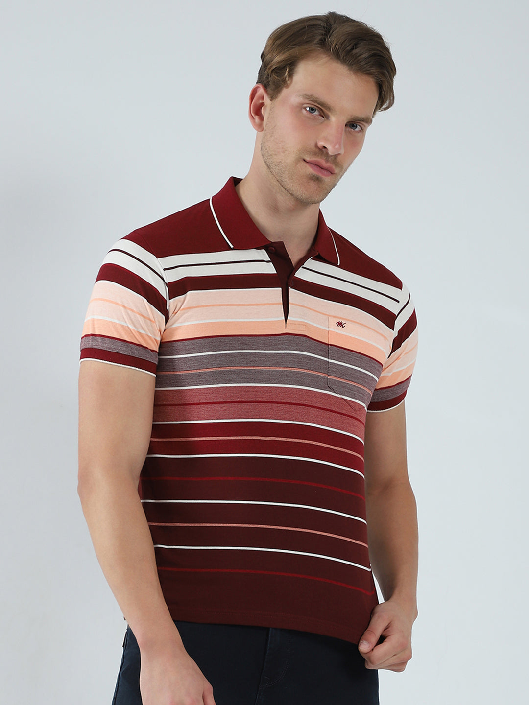 Men Maroon Stripe Collar Half Sleeve T-Shirt