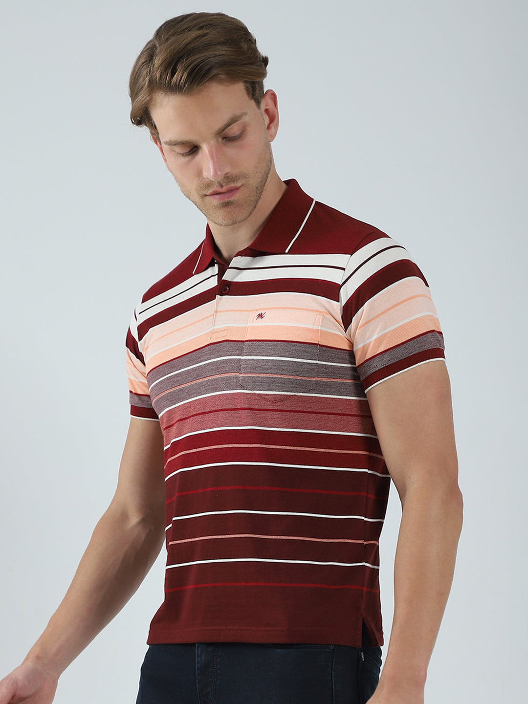 Men Maroon Stripe Collar Half Sleeve T-Shirt