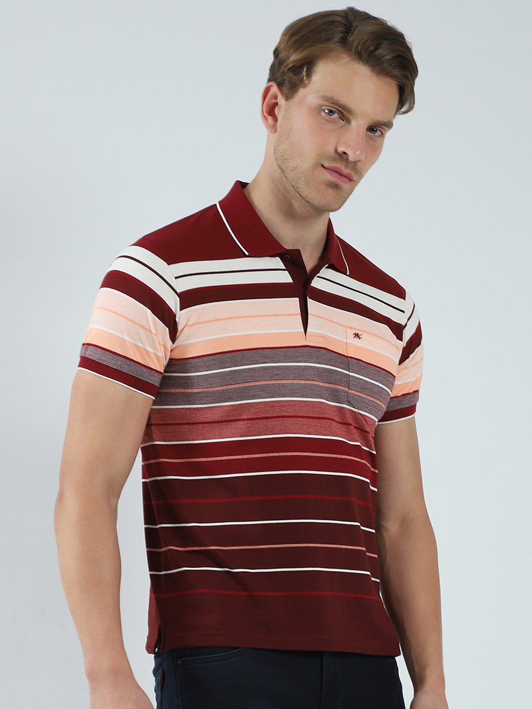 Men Maroon Stripe Collar Half Sleeve T-Shirt