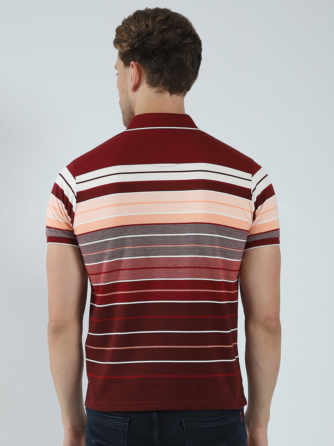 Men Maroon Stripe Collar Half Sleeve T-Shirt