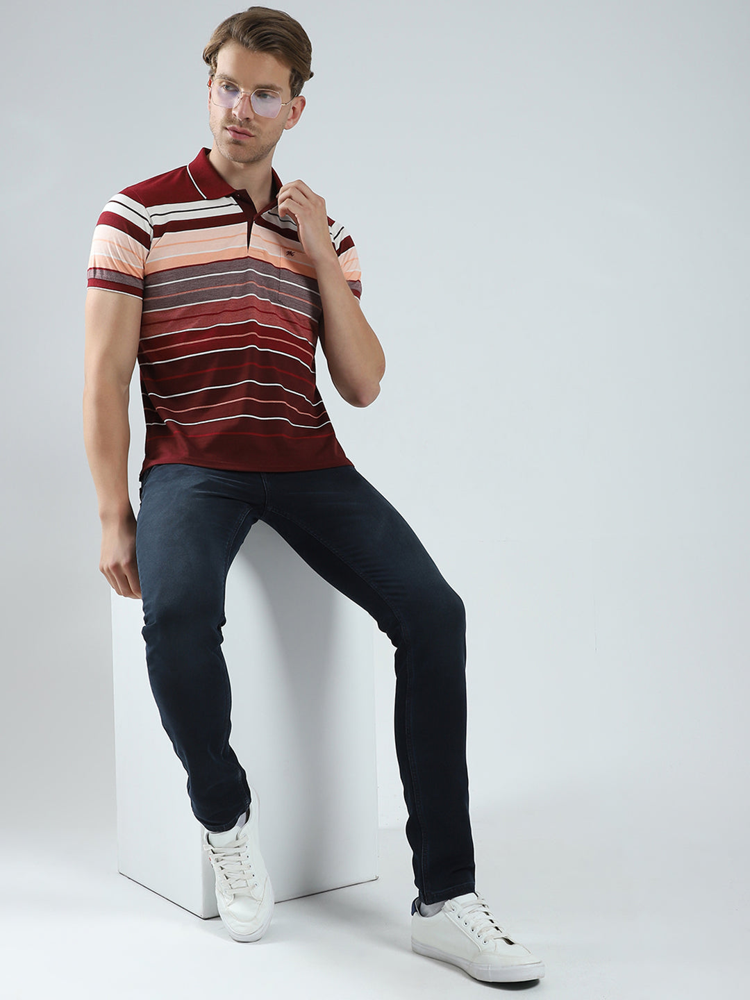 Men Maroon Stripe Collar Half Sleeve T-Shirt