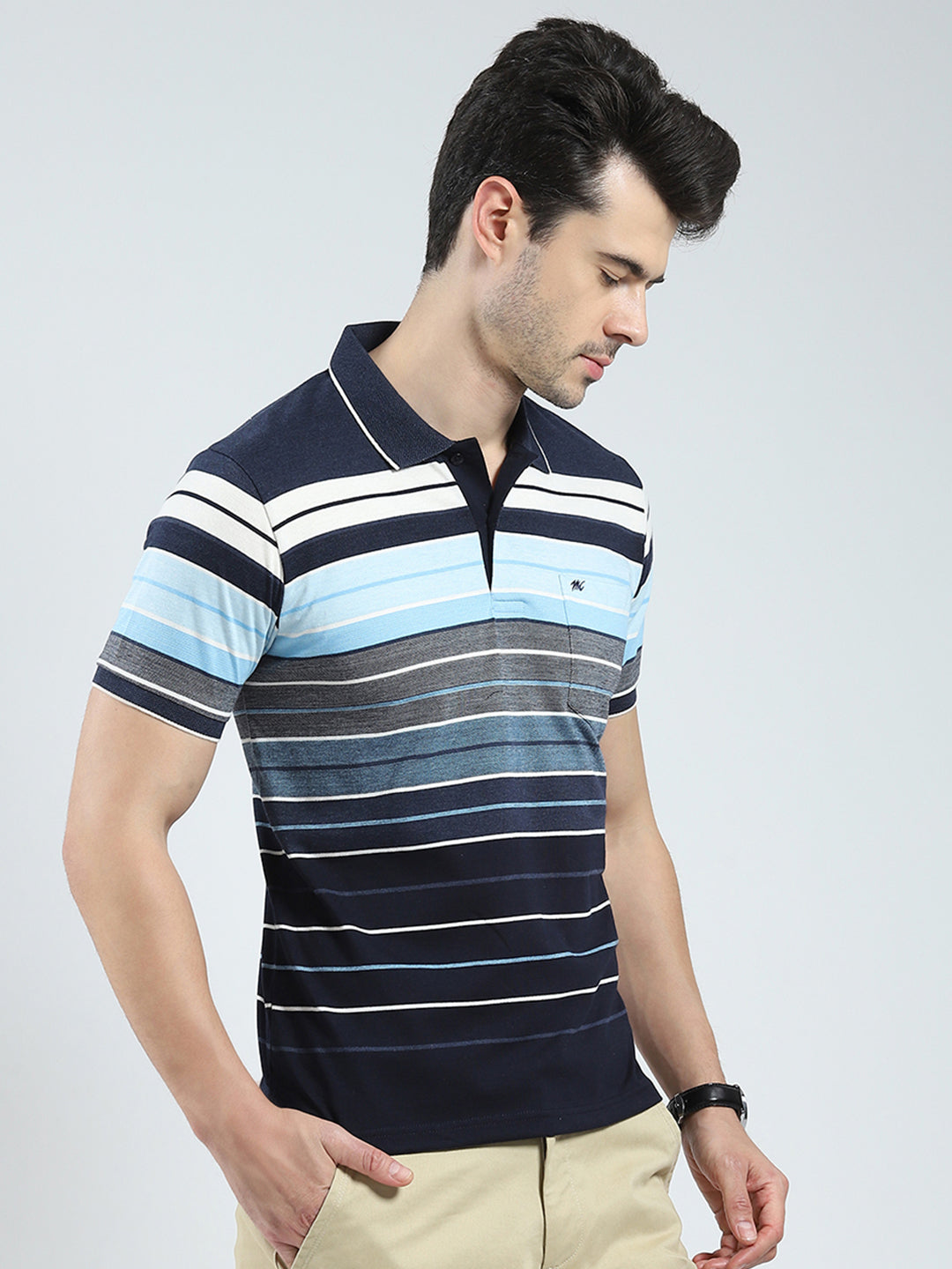Men Navy Blue Stripe Collar Half Sleeve T-Shirt