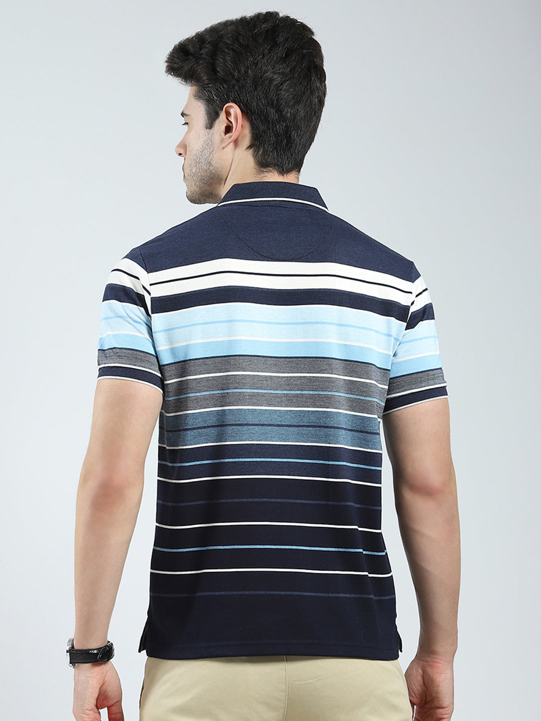 Men Navy Blue Stripe Collar Half Sleeve T-Shirt