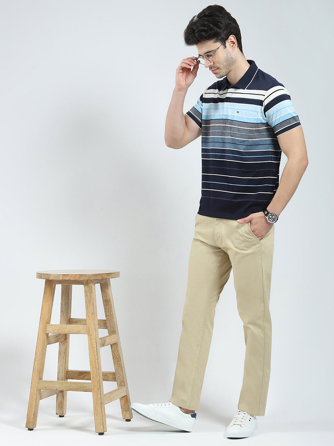 Men Navy Blue Stripe Collar Half Sleeve T-Shirt