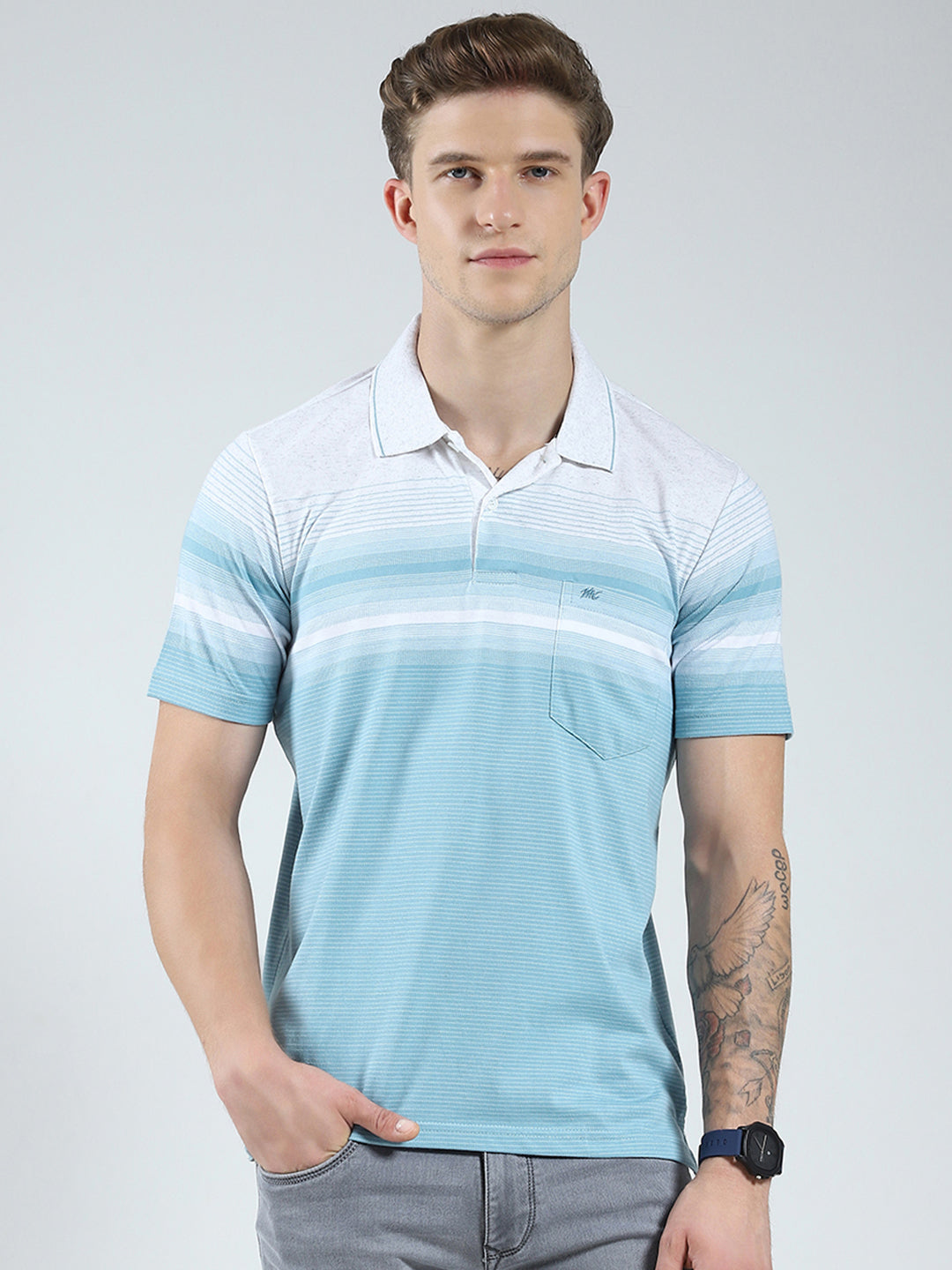 Men Blue Stripe Collar Half Sleeve T-Shirt