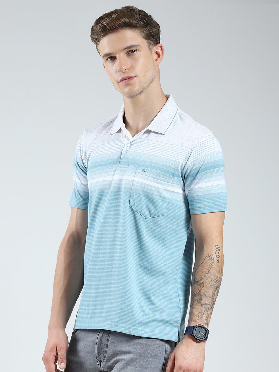 Men Blue Stripe Collar Half Sleeve T-Shirt