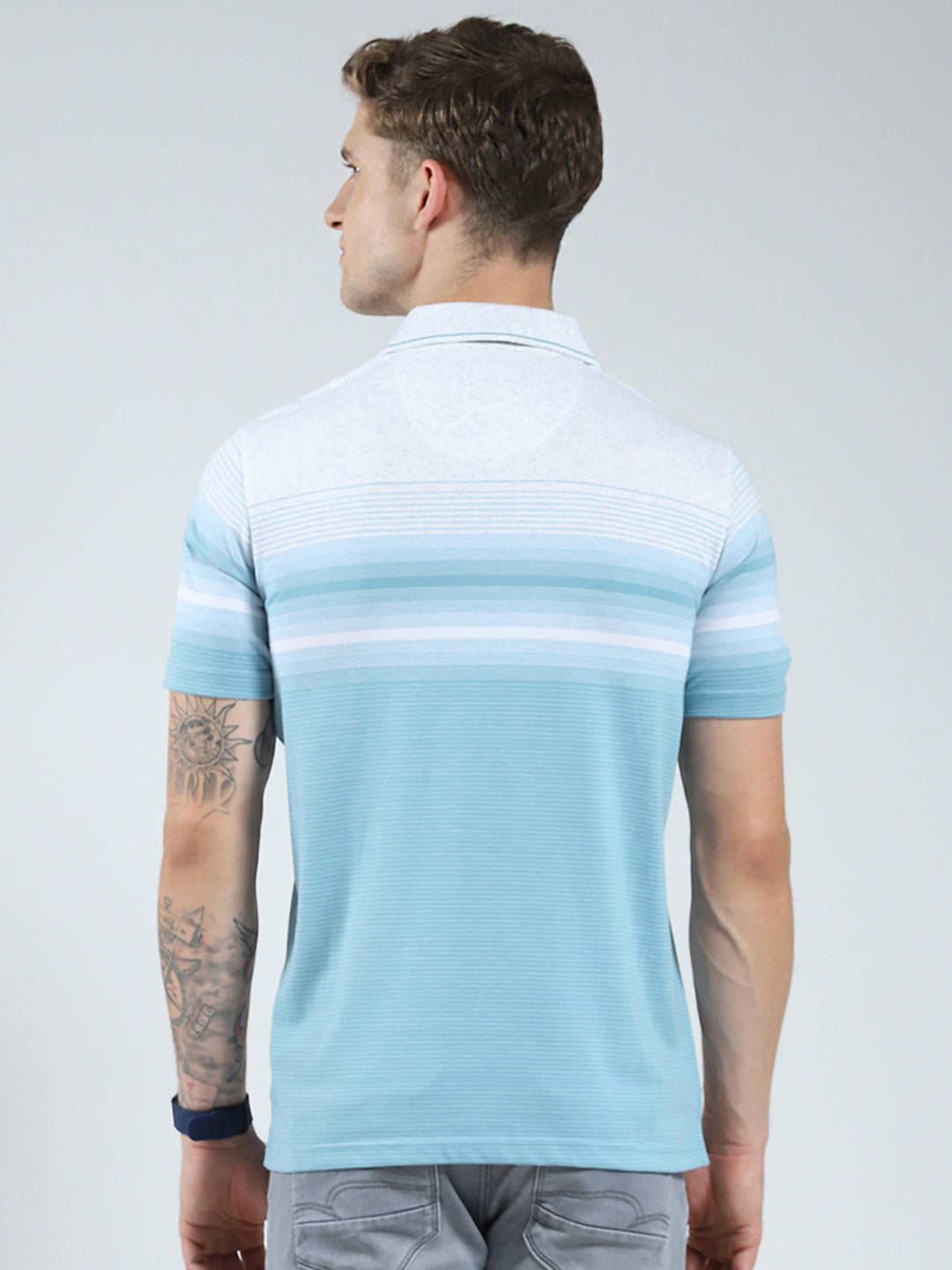 Men Blue Stripe Collar Half Sleeve T-Shirt