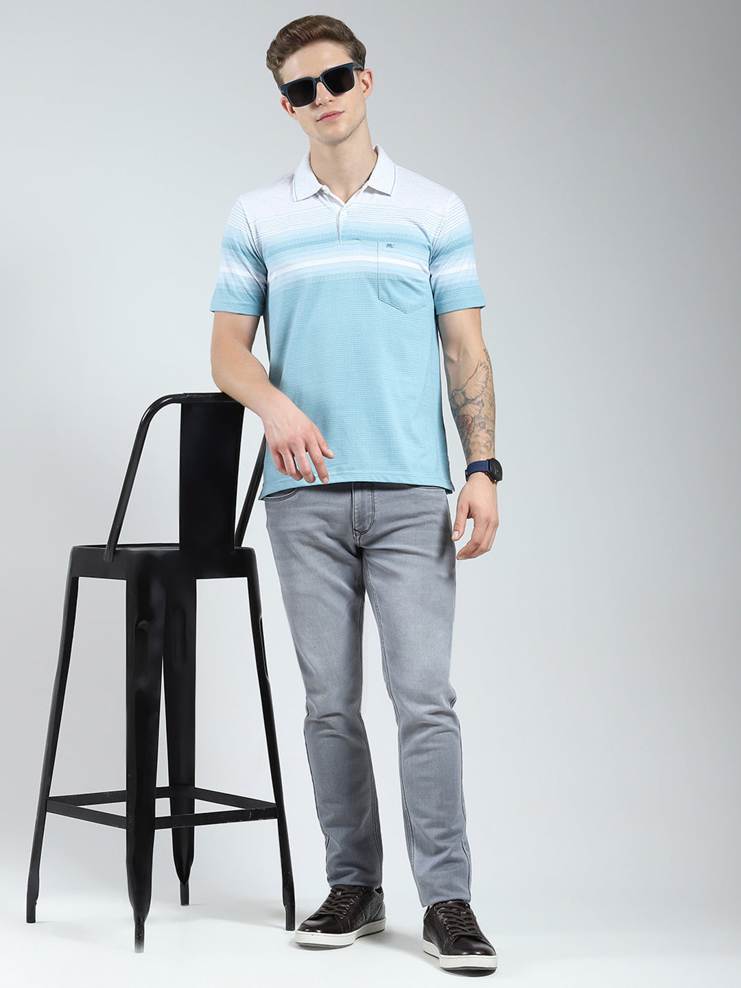 Men Blue Stripe Collar Half Sleeve T-Shirt