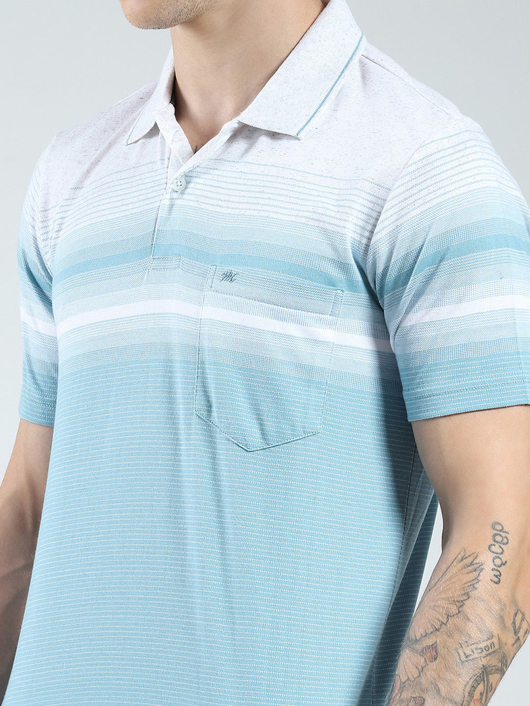 Men Blue Stripe Collar Half Sleeve T-Shirt