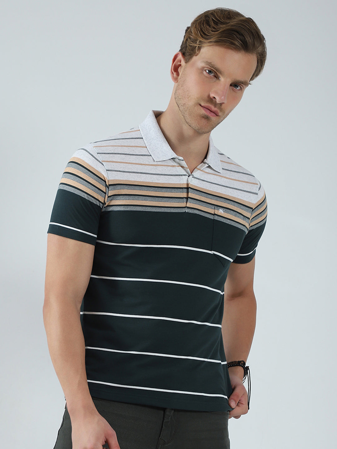 Men Green Stripe Collar Half Sleeve T-Shirt