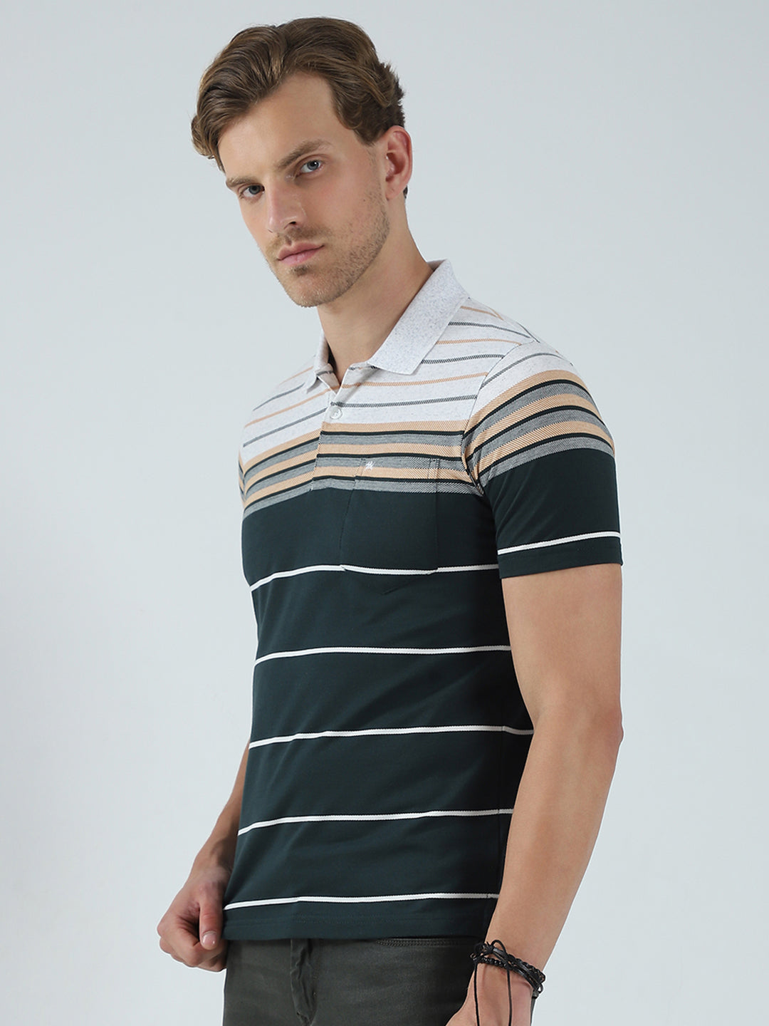 Men Green Stripe Collar Half Sleeve T-Shirt