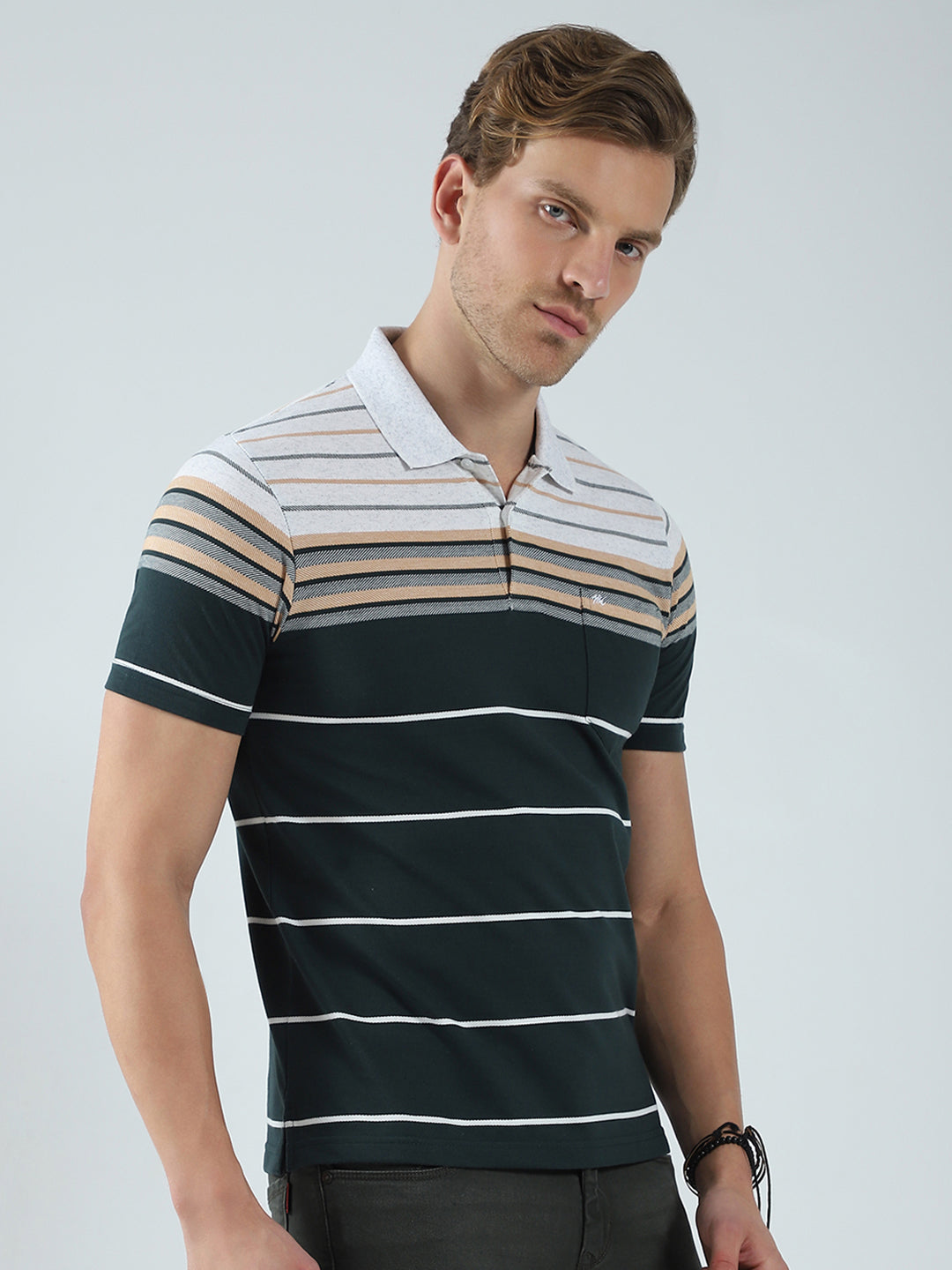 Men Green Stripe Collar Half Sleeve T-Shirt